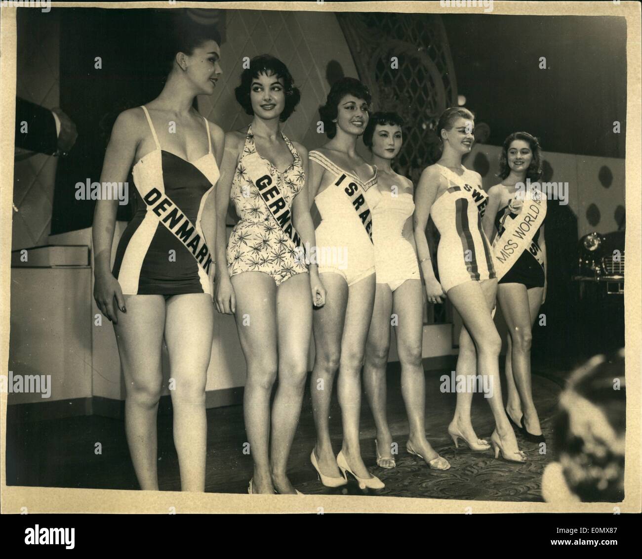 Oct. 10, 1956 - Miss Germany is elected ''Miss World'' But Miss U.S.A Appears wearing the Sash In Error: Photo shows Miss Germany was chosen ''Miss World'' from these six finalist but Miss U.S.A. (extreme right) appeared wearing the titled sash of ''Miss World 1956'' in whose error? Stock Photo