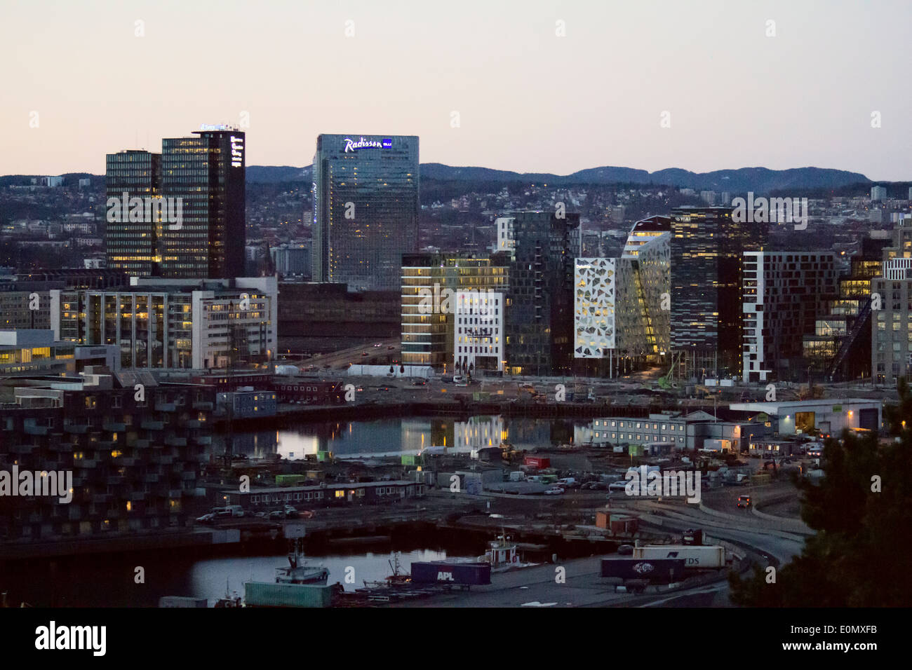 Europe; Norway; Oslo; Winter; Buildings; Light; Night; Sunset; Panorama; View; Skyline Stock Photo