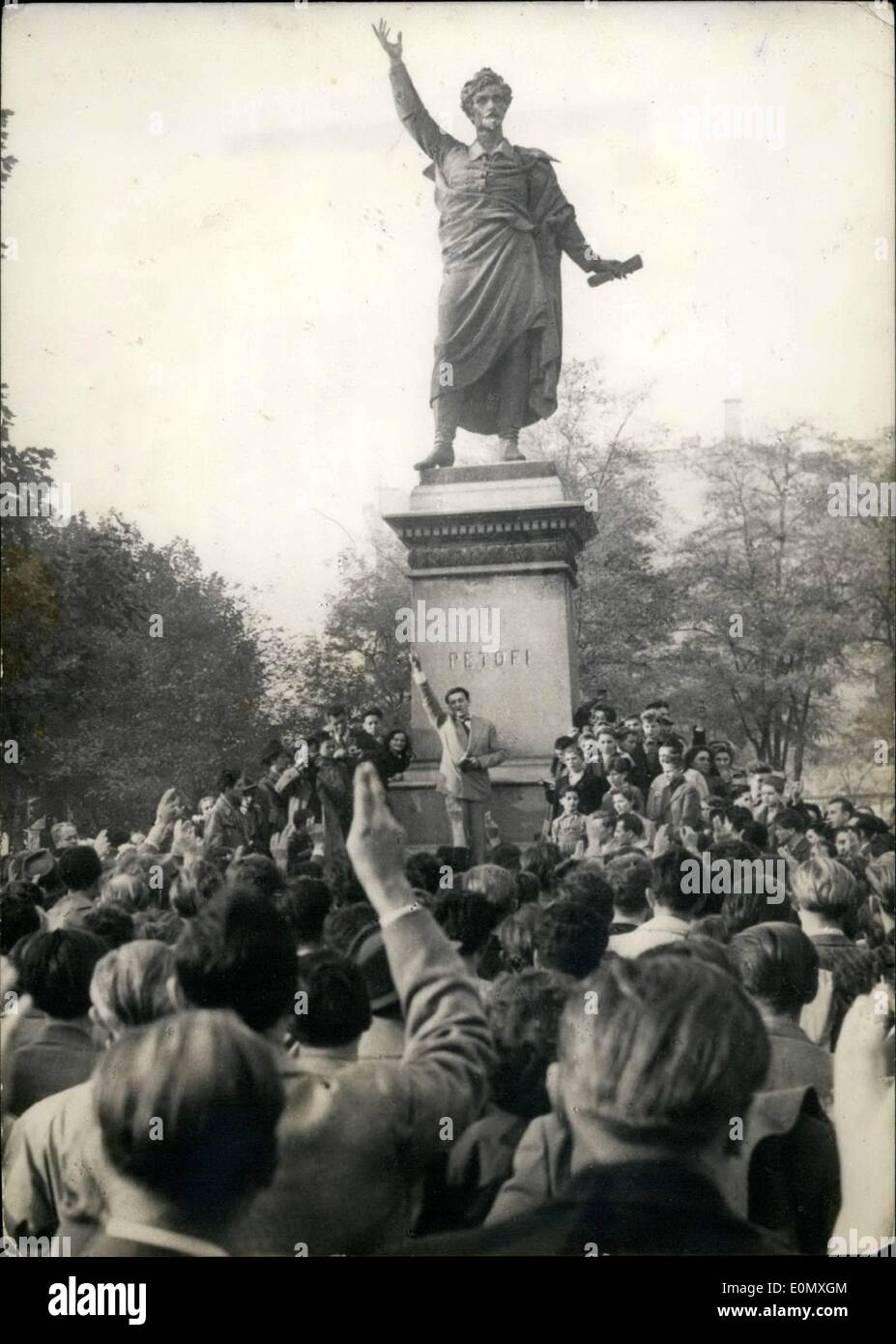 Oct. 10, 1956 - Hungarian Revolution: Where it all started... The statue of Alexander Petofi, greatest poet of Hungary at the banks of the Danube in Budapest. The Statue shows Petofi delivering his famous poem against tyranny ''We will be slaves no longer''. He died on the battlefield against the Russians in 1849. Photo Shows Students peacefully demonstrating on the eve of the revolution. Stock Photo