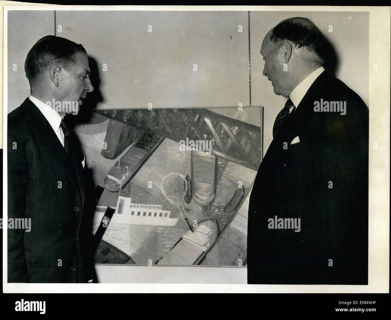 Oct. 10, 1956 - Exhibition of works of art from diplomatist in Bonn. The British Ambassador Hoyer - Millar (right) and the Danske Ambassador Frants Hvass (left) with picture from French Diplomatist Roger Herot ''Rhinebridge' Stock Photo