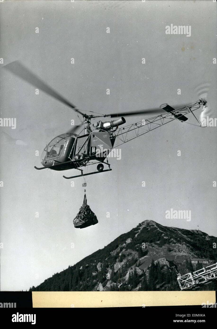 Oct. 29, 1956 - French Gas-Turbine Helicopter in Rescue Mission. In the Wallberg region at Tagernsee the French gas-turbine helicopter ''Alouette II'', which is vibration-free and better in fuel consumption in contrast to the motor-driven helicopter, was demonstrated by the German armed forces and the mountain rescue service. It is better in fuel consumption since it can use the cheapest variety of petrol. The helicopter, which can offers seven seats, is meant for rescue missions. Two wounded persons can be fixed on the sides on stretcher-bunks Stock Photo
