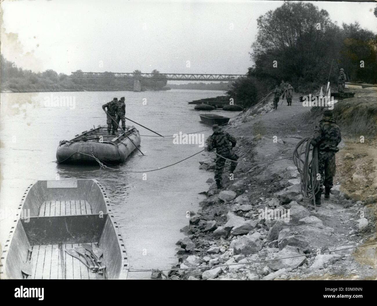 Oct. 30, 1956 - The Munich Pioneers Teaching Battalion laid a pontoon bridge across the Donau/Danube near Ingolstadt. It was the first time, post WW2, that the pioneers had taken up an exercise like this. Our picture shows a moment in the laying of the bridge, which was 100m long and took 50 minutes to build. Stock Photo