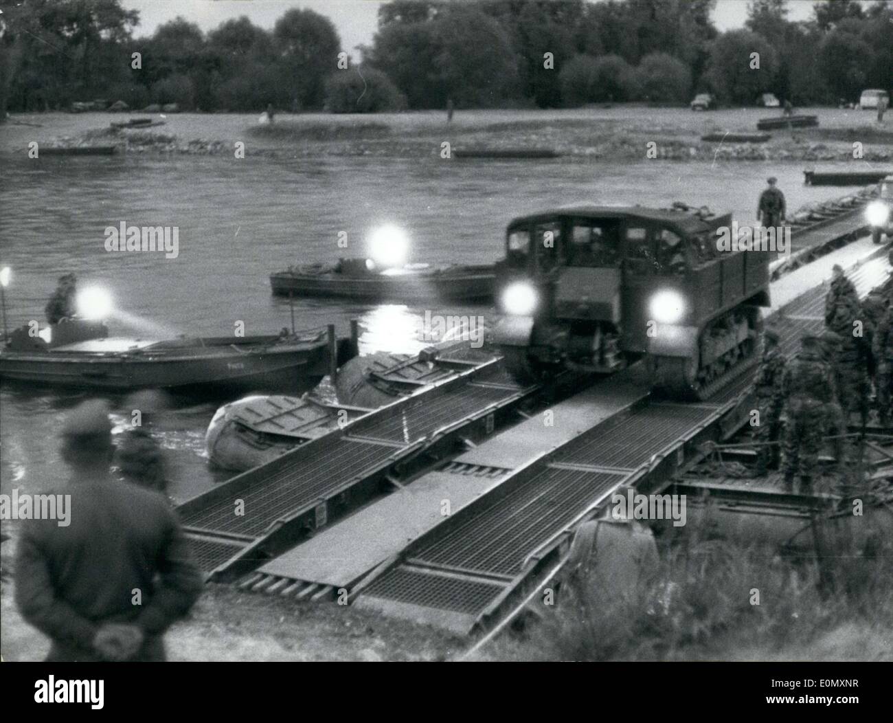 Oct. 30, 1956 - The Munich Pioneers Teaching Battalion laid a pontoon bridge across the Donau/Danube river near Ingolstadt. It was the first time, post WW2, that the pioneers had taken up an exercise like this. Our picture shows a moment in the laying of the bridge, which was 100m long and took 50 minutes to build. Stock Photo