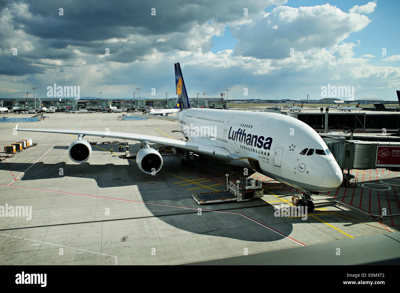 Passenger airplane Airbus A 380 of Lufhtansa airlines on the International Airport in Frankfurt/Main, Germany, in April 18, 2014.  (CTK Photo/Rene Fluger) Stock Photo