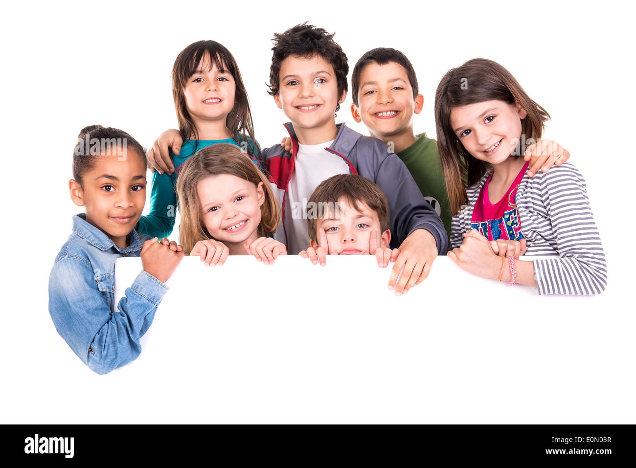 Group of children with a white board isolated in white Stock Photo - Alamy