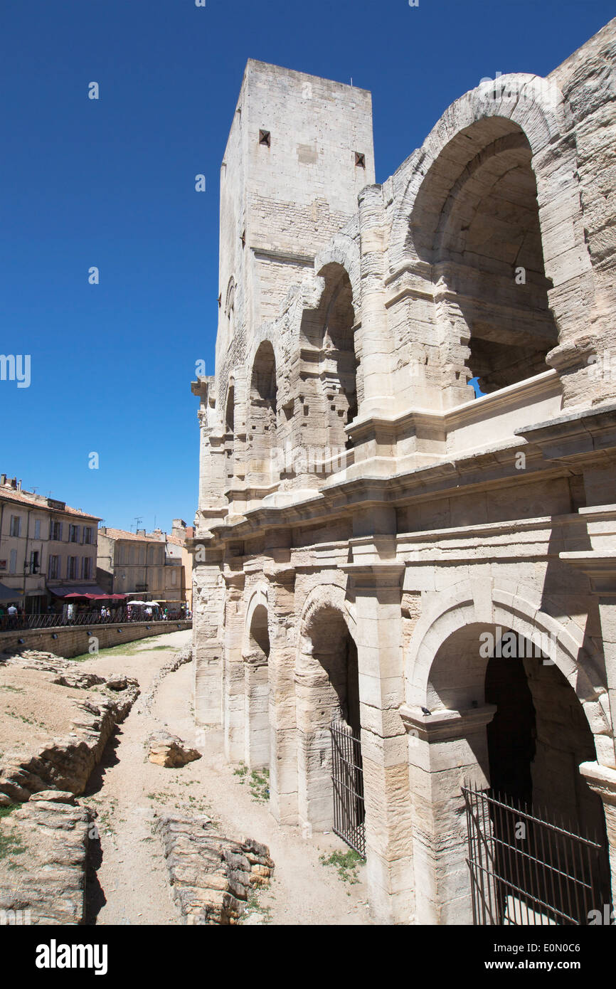 Tower and Arcades of the Roman Amphitheatre of Arles, Provence, France. Stock Photo