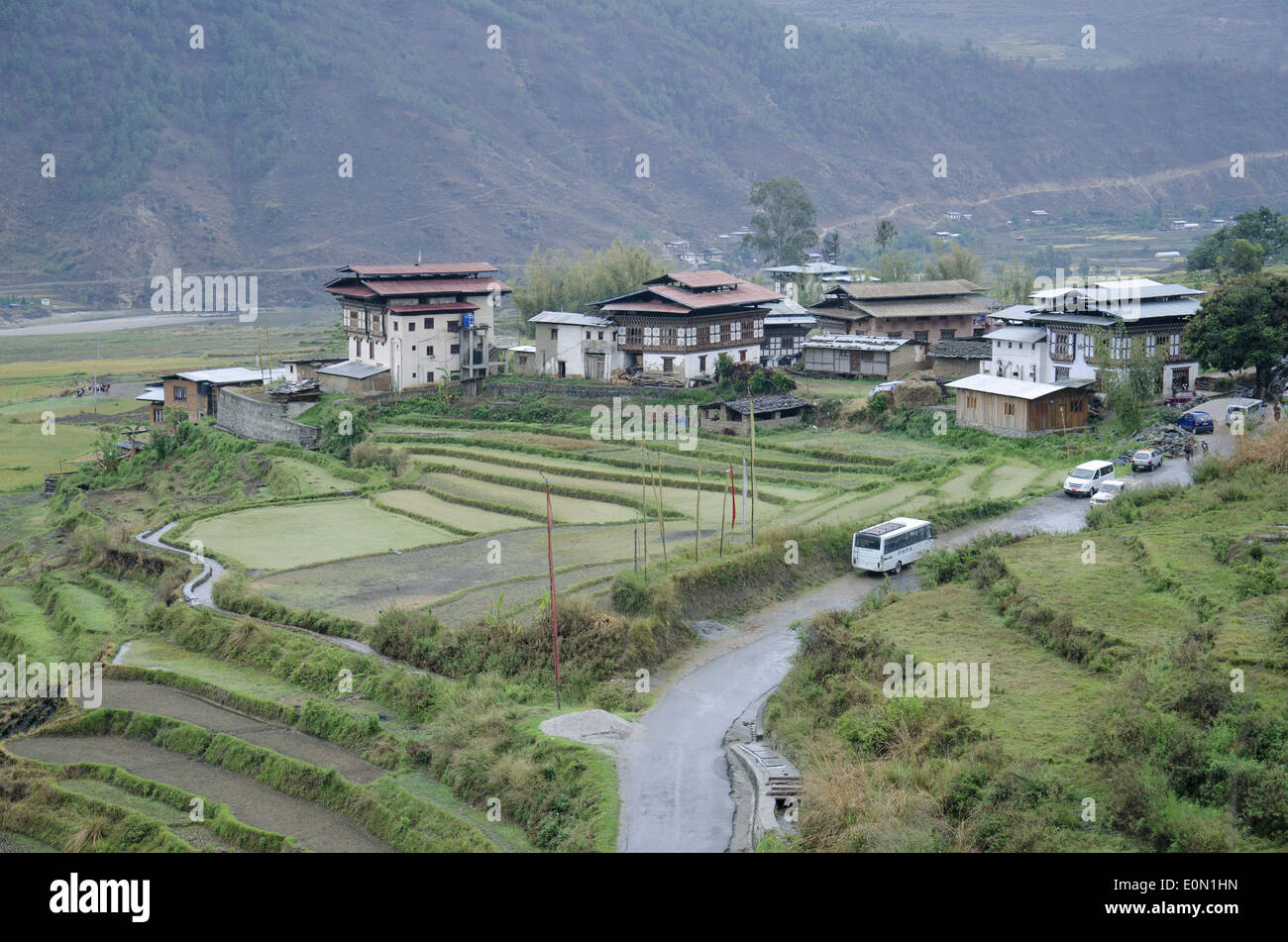 Ariel view Chimi Lhakhang city, Located near Lobesa, Punakha District, Bhutan Stock Photo