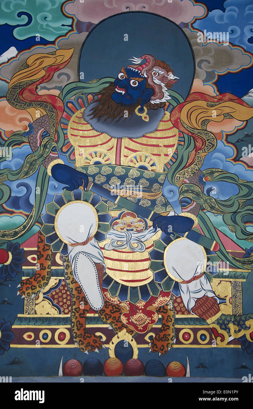 Bhutanese wall painting, Rinpung Dzong, Drukpa Kagyu Buddhist monastery ...