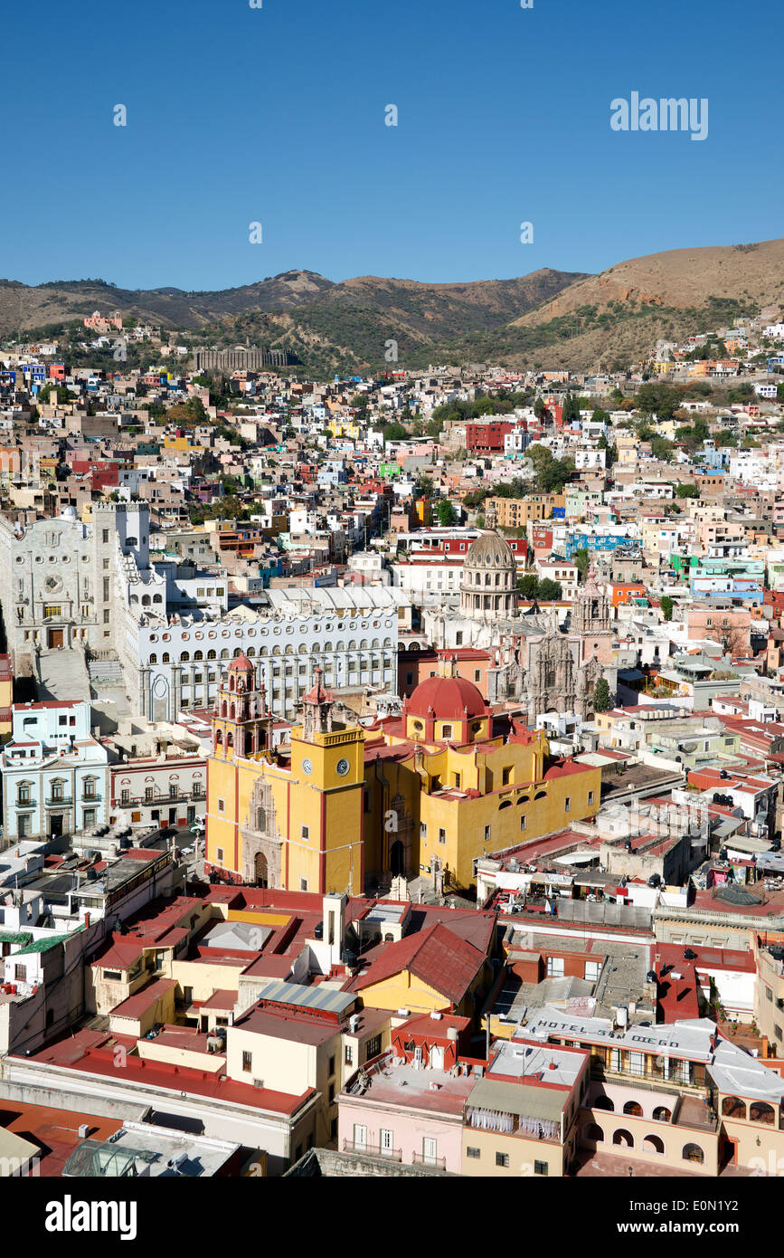 Top view Basilica of Our Lady and multi coloured houses view from Pipla Monument of Guanajuato Mexico Stock Photo