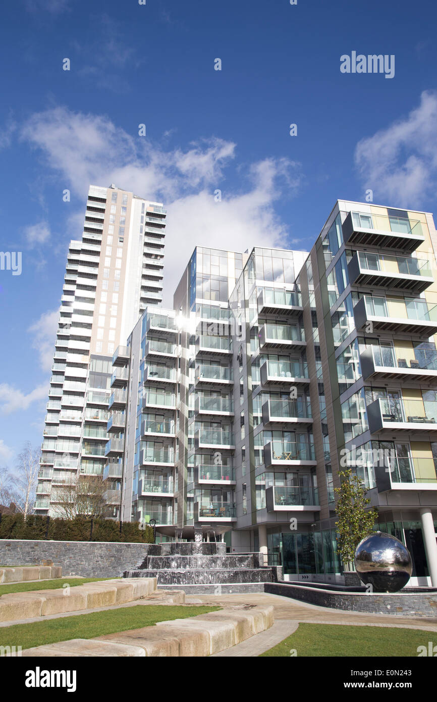 Woodberry Down, Hackney. Newly built flats against blue sky. Shared ownership development. Luxury flats. Stock Photo