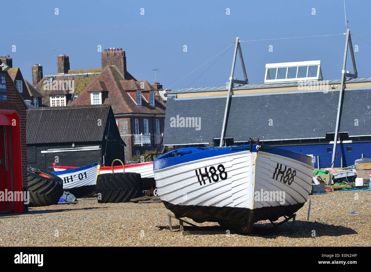 Boats on the beach at Aldeburgh in Suffolk are antique fishing vessels of the kind that inspired Benjamin Britten's opera Peter Grimes. Stock Photo