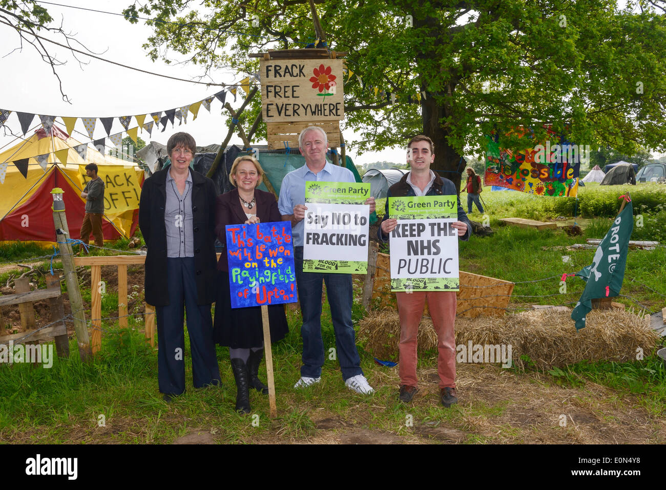 Upton, Chester 16th. May 2014: Natalie Bennet with local members of the Green Party outside the protection camp set up at Upton, Chester. Local Green Party candidate, John McNamara holding 'Say NO to Fracking' poster. Stock Photo