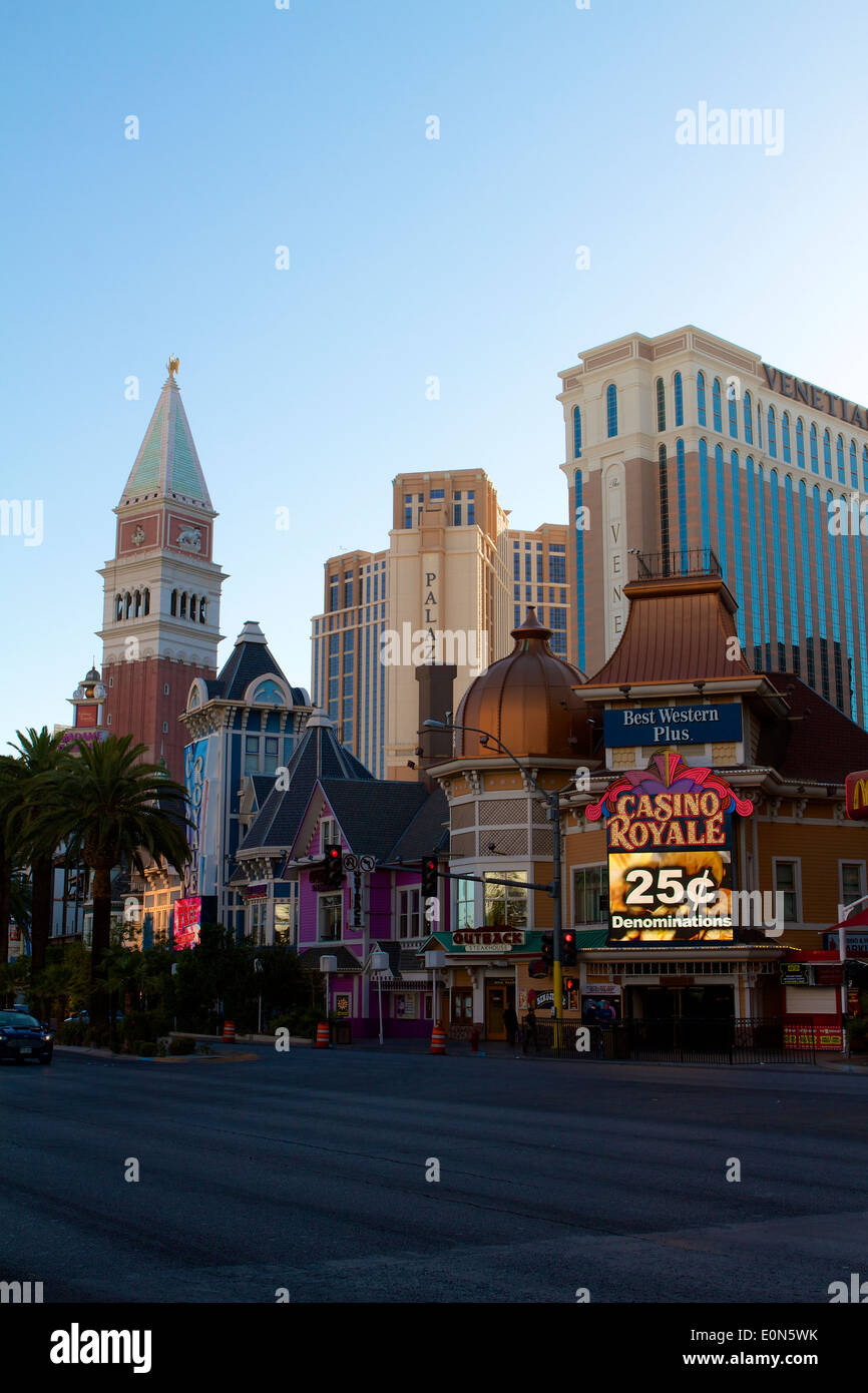 Street view of the Casino Royale and theVenetian hotel at dusk on the Las Vegas strip Nevada Stock Photo