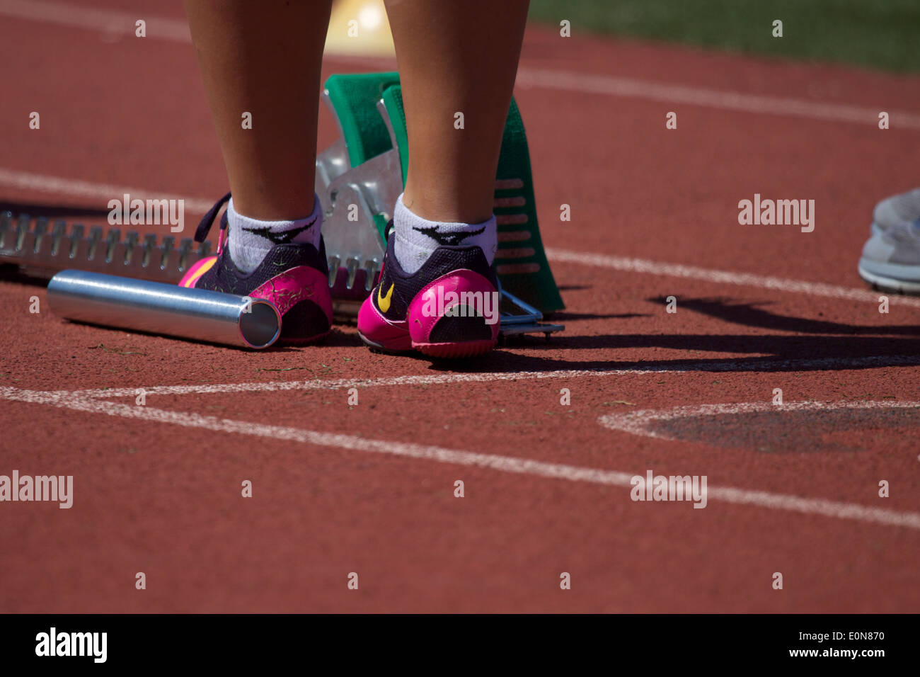 Starting blocks on a running track Stock Photo Alamy