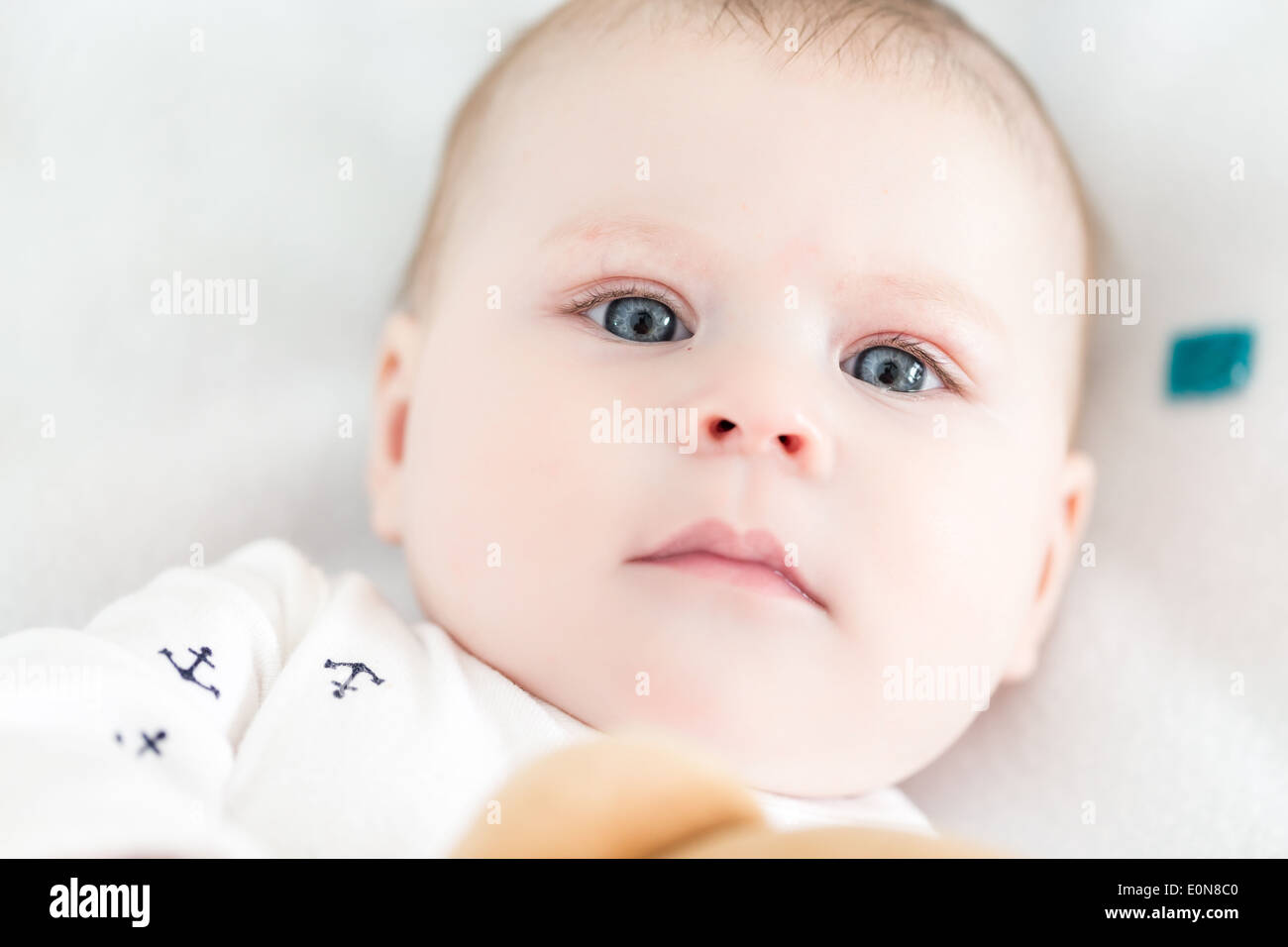 Baby girl playing with her teddy bear on a blanket Stock Photo - Alamy
