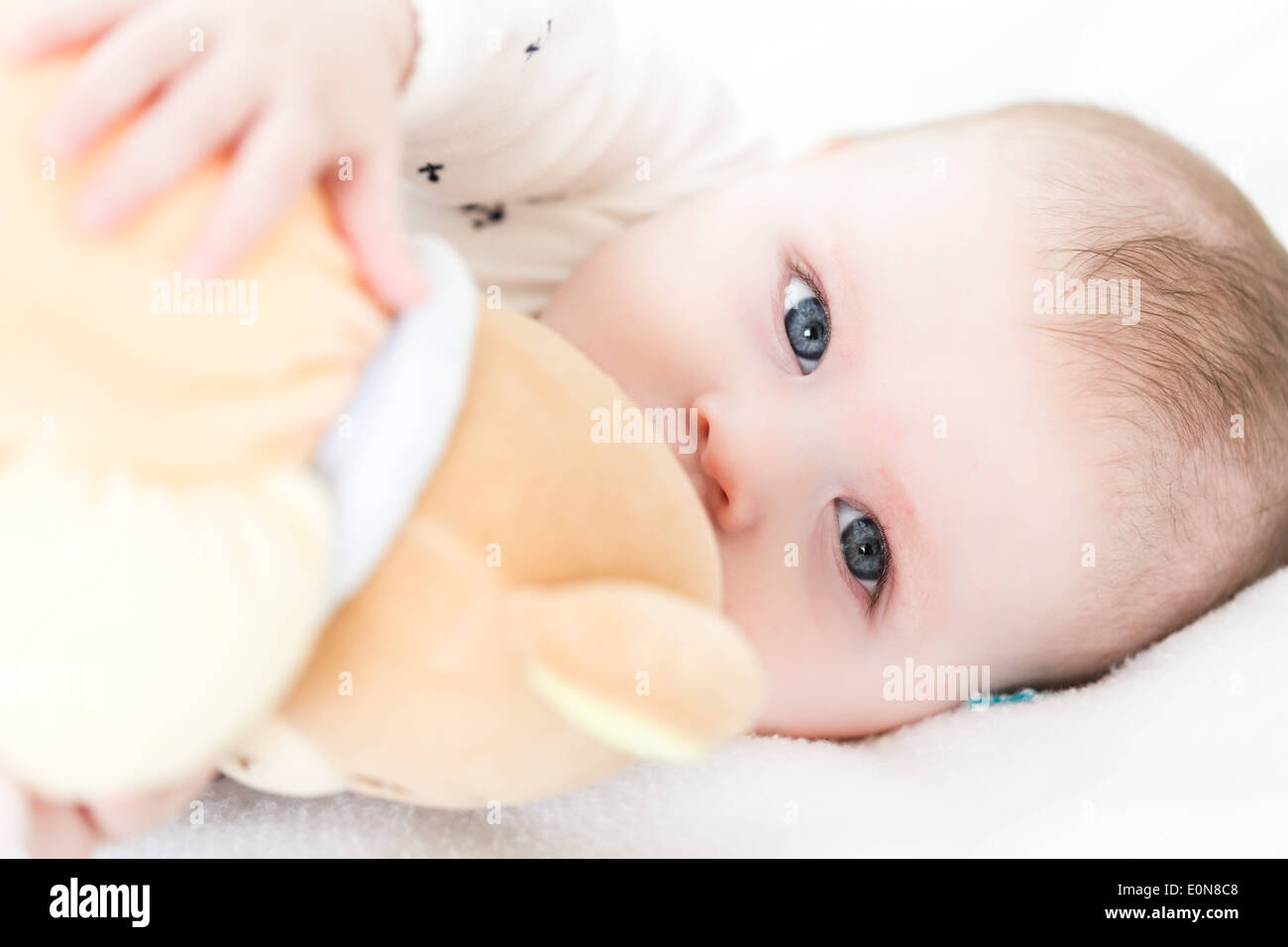 Baby girl playing with her teddy bear on a blanket Stock Photo - Alamy