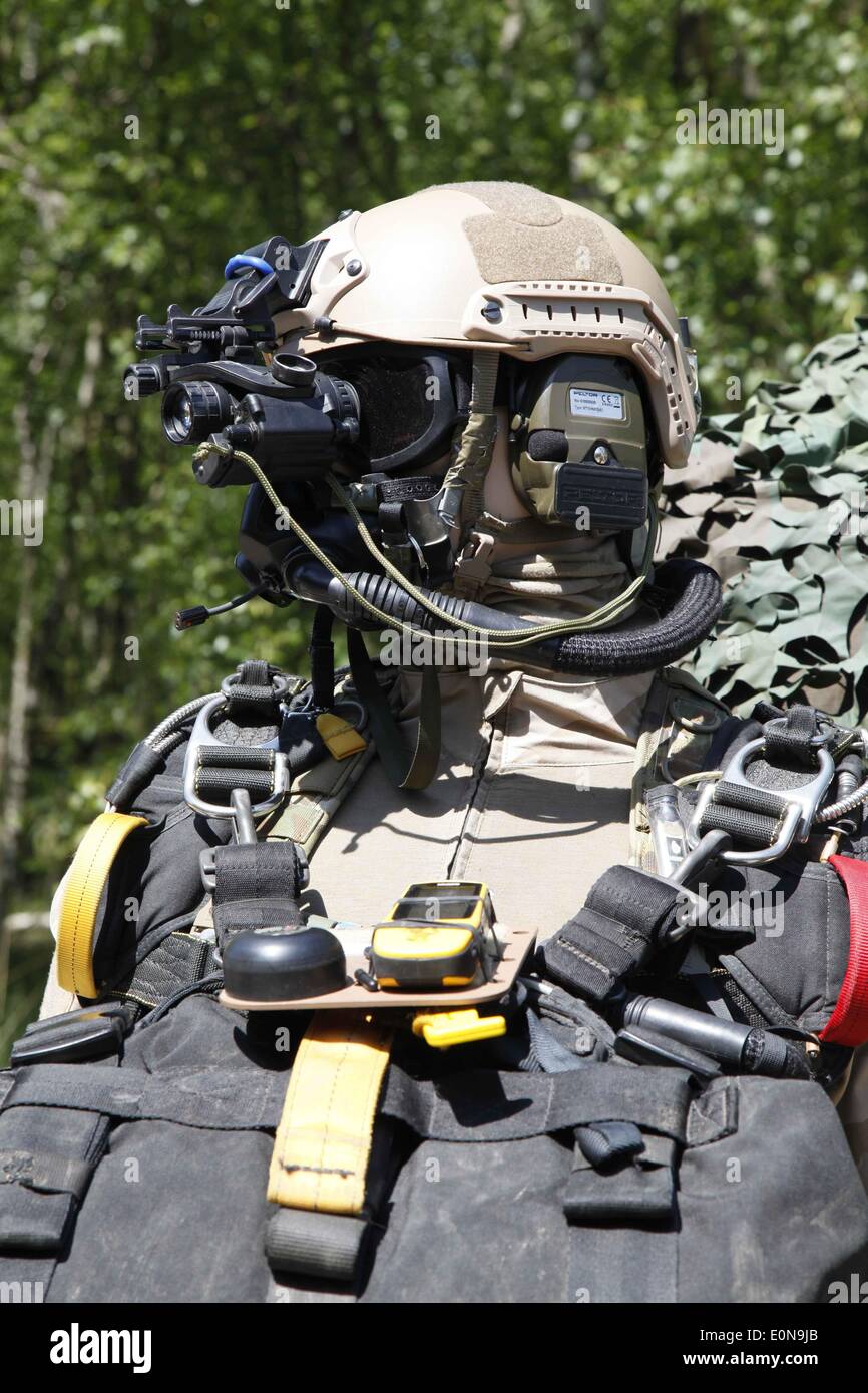 Brussels, Belgium. 16th May, 2014. Equipments of Belgian special force are seen during a joint exercise in Leopoldsburg, Belgium, on May 16, 2014. Belgian Army and Air Force conducted joint exercise in Leopoldsburg on Friday. © Wang Xiaojun/Xinhua/Alamy Live News Stock Photo