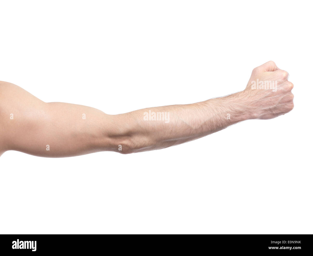 Man's arm with hand in a fist isolated on white background Stock Photo