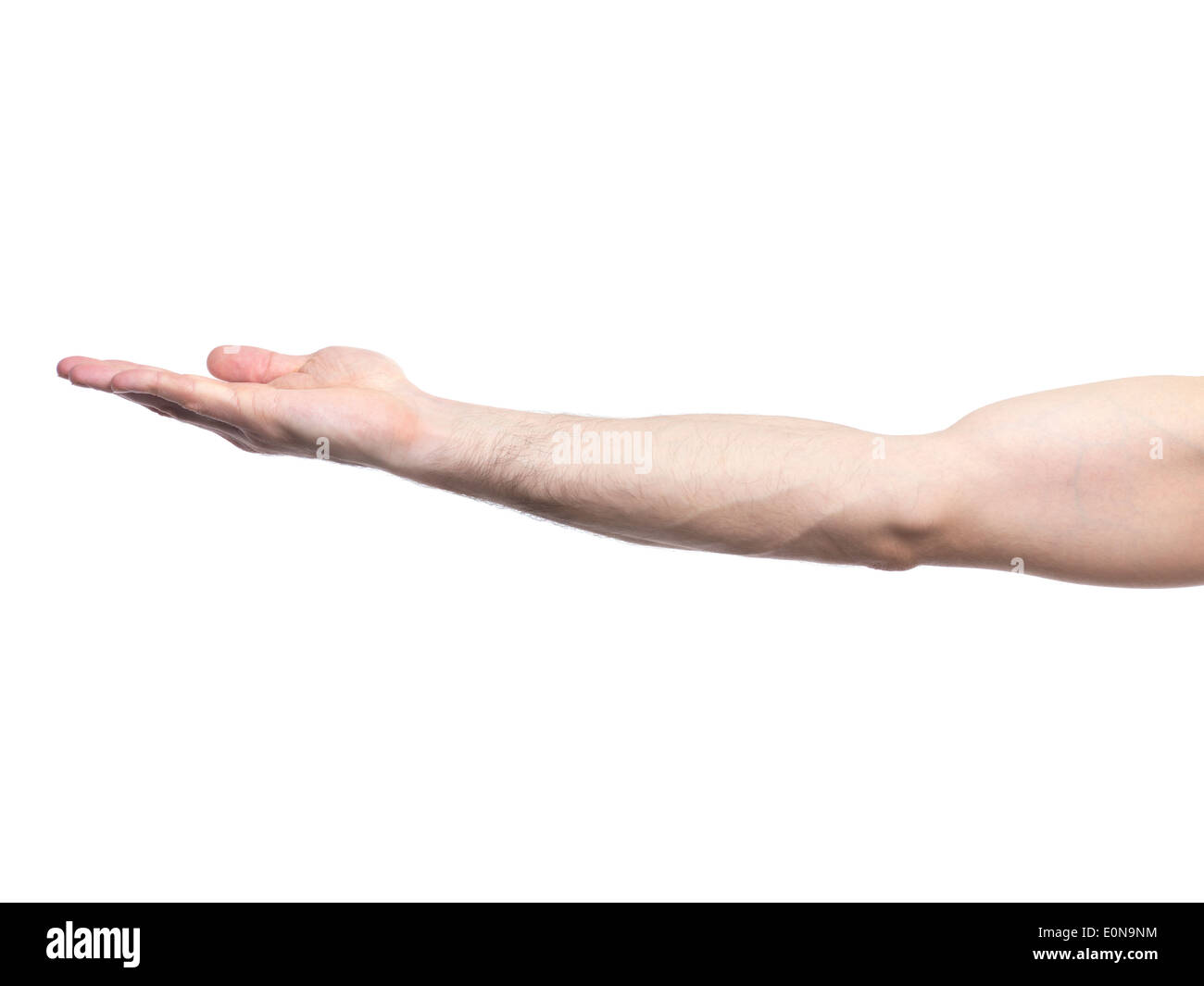 Man arm with open palm facing up isolated on white background Stock Photo