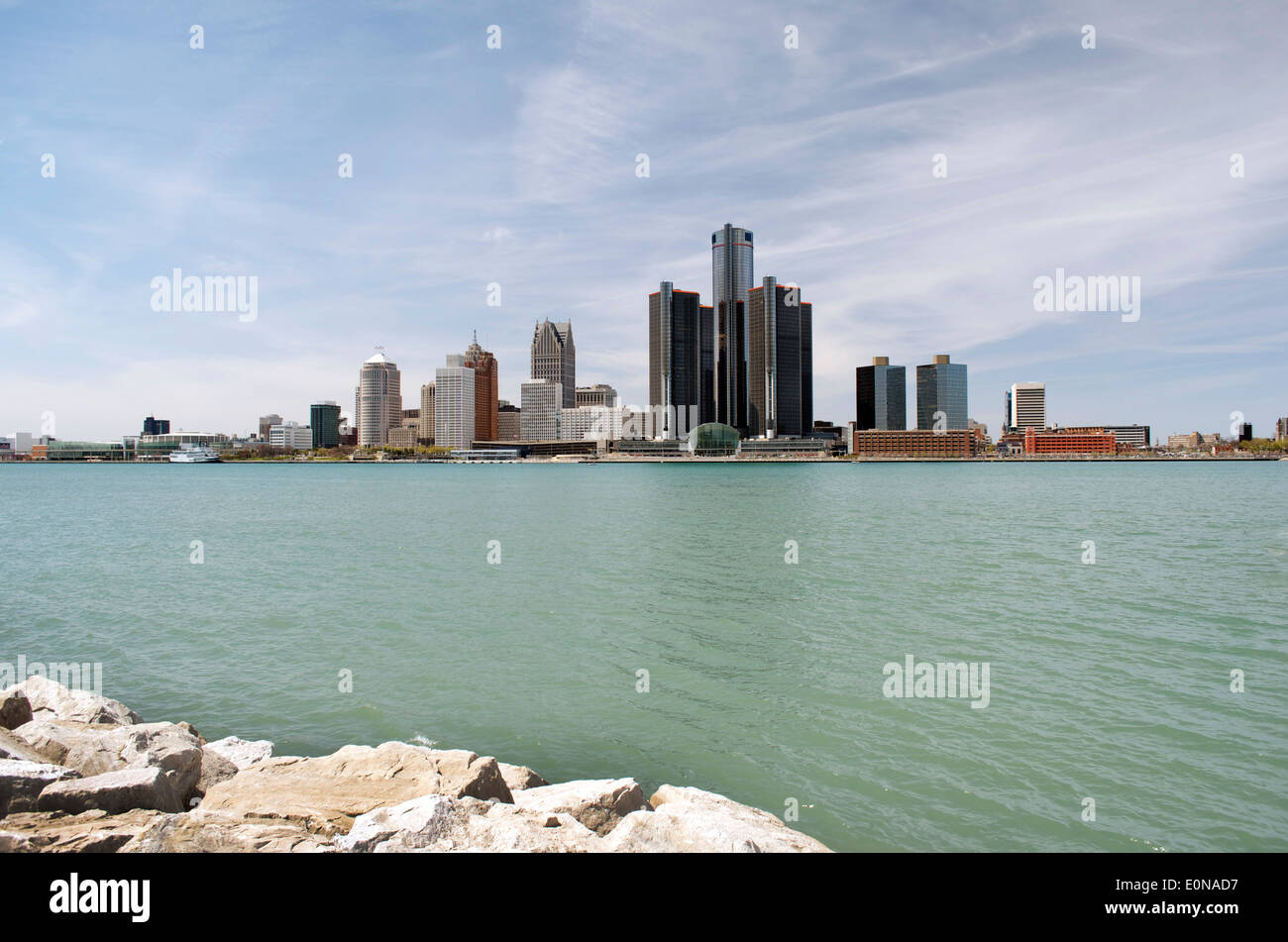 Detroit, Michigan skyline from Canada shot May, 2014. Stock Photo
