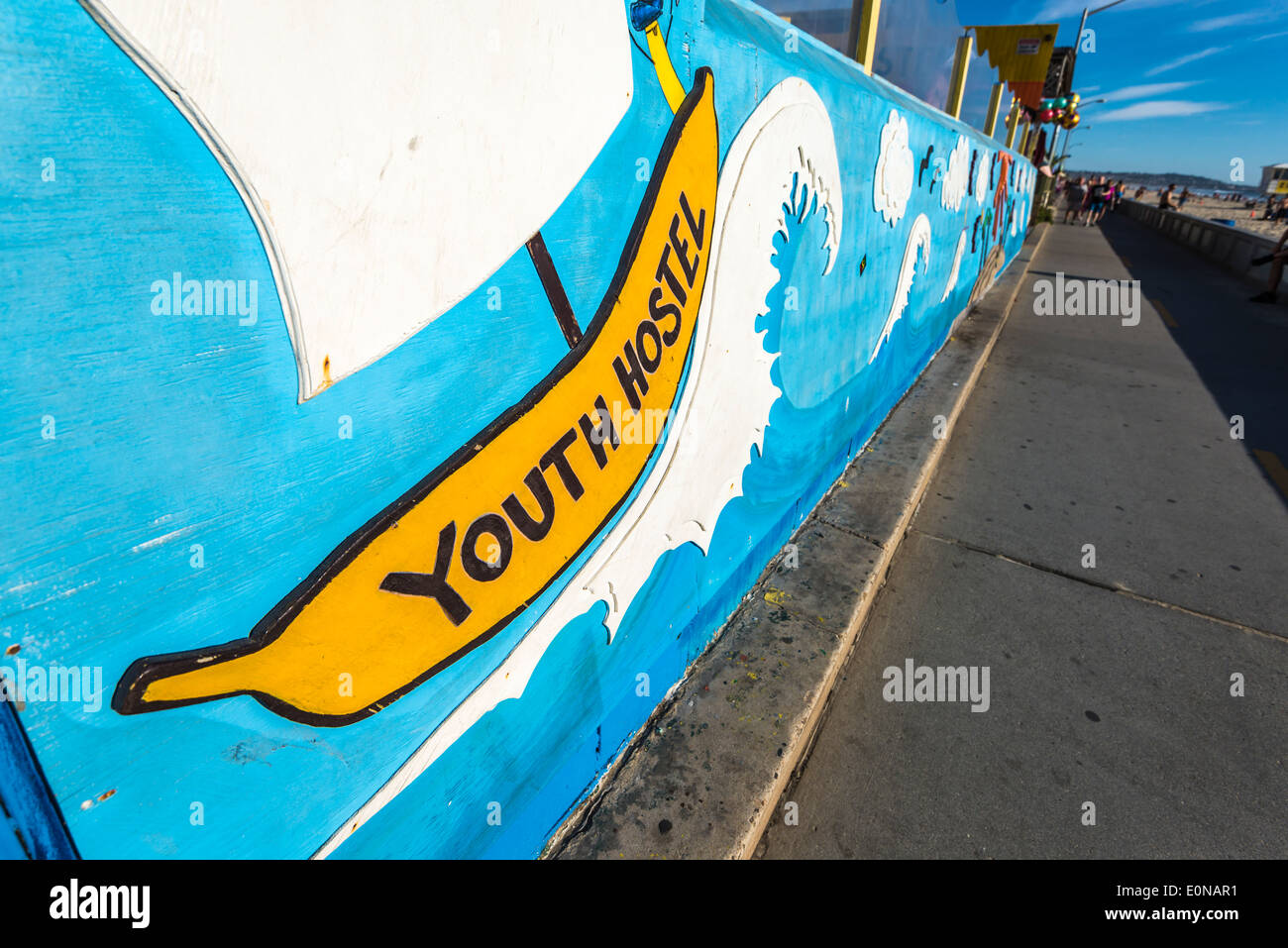 Colorful wall of a youth hostel on the Mission Beach Boardwalk. San Diego, California, United States. Stock Photo