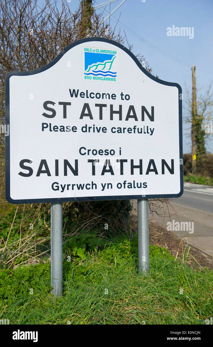 A welcome to St. Athan sign in the Vale of Glamorgan, Wales. Stock Photo