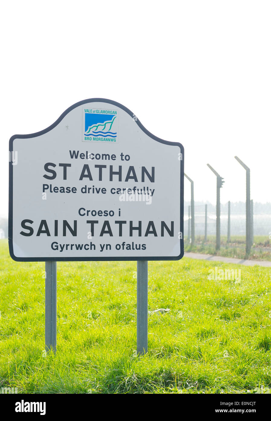 A welcome to St. Athan sign in the Vale of Glamorgan, Wales. Stock Photo