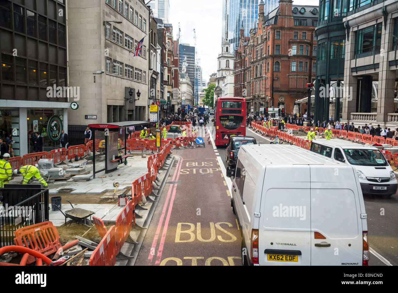 Traffic and roadworks on Liverpool Street, East London, UK Stock Photo