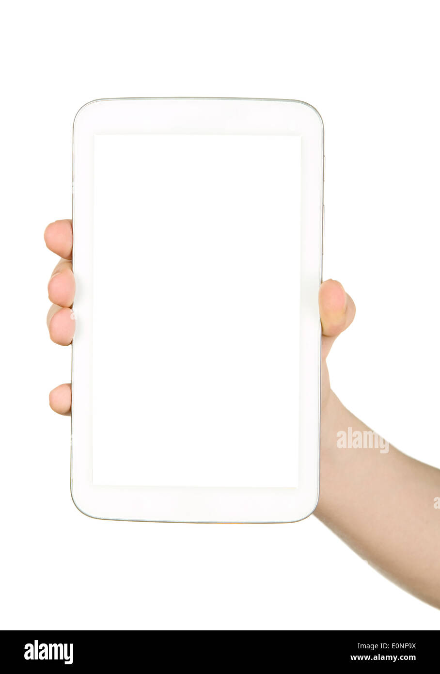 Man is holding white tablet on his hands Stock Photo