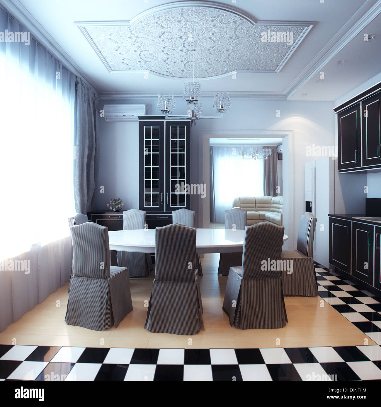 Black And White Kitchen Interior With Dining Area Stock Photo - Alamy