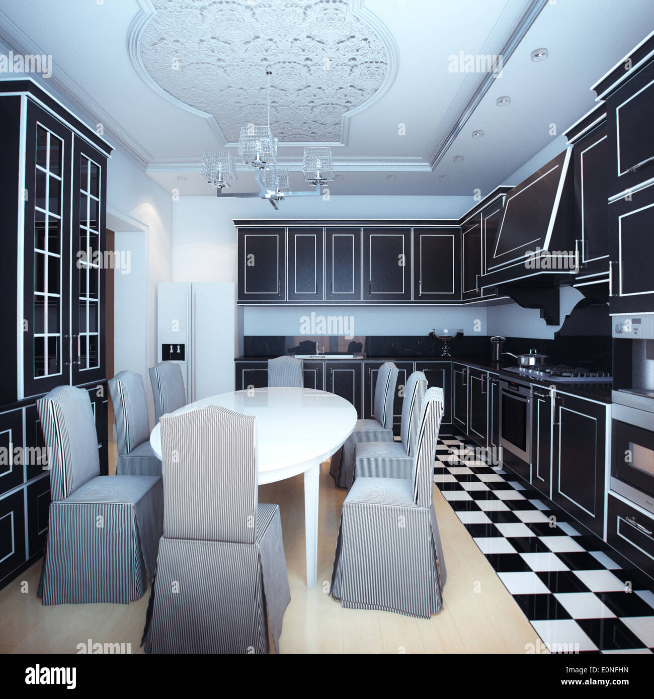 Black And White Kitchen Interior With Dining Area Stock Photo - Alamy