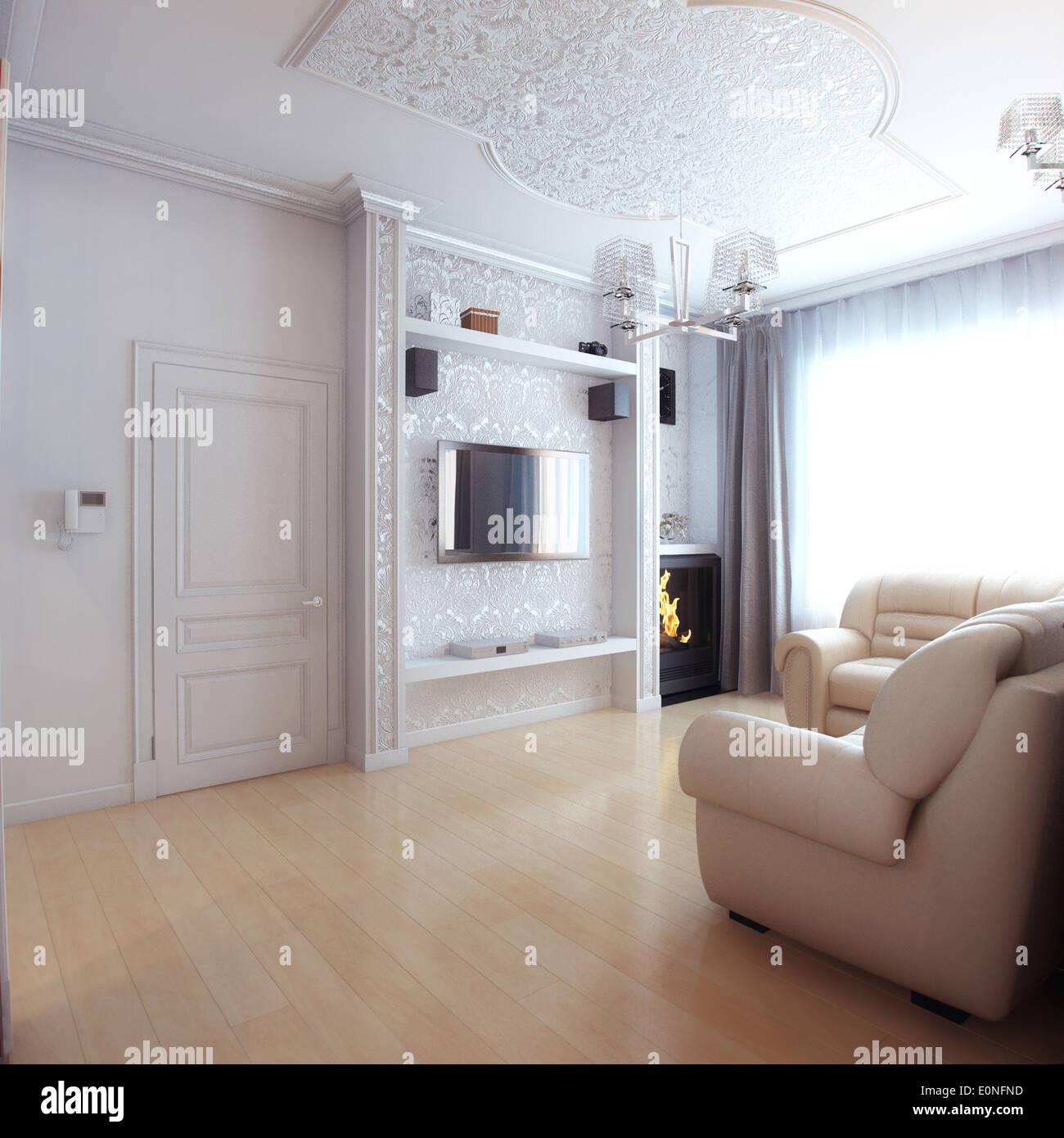 Living Room Interior Design With White Leather Sofa Stock Photo - Alamy