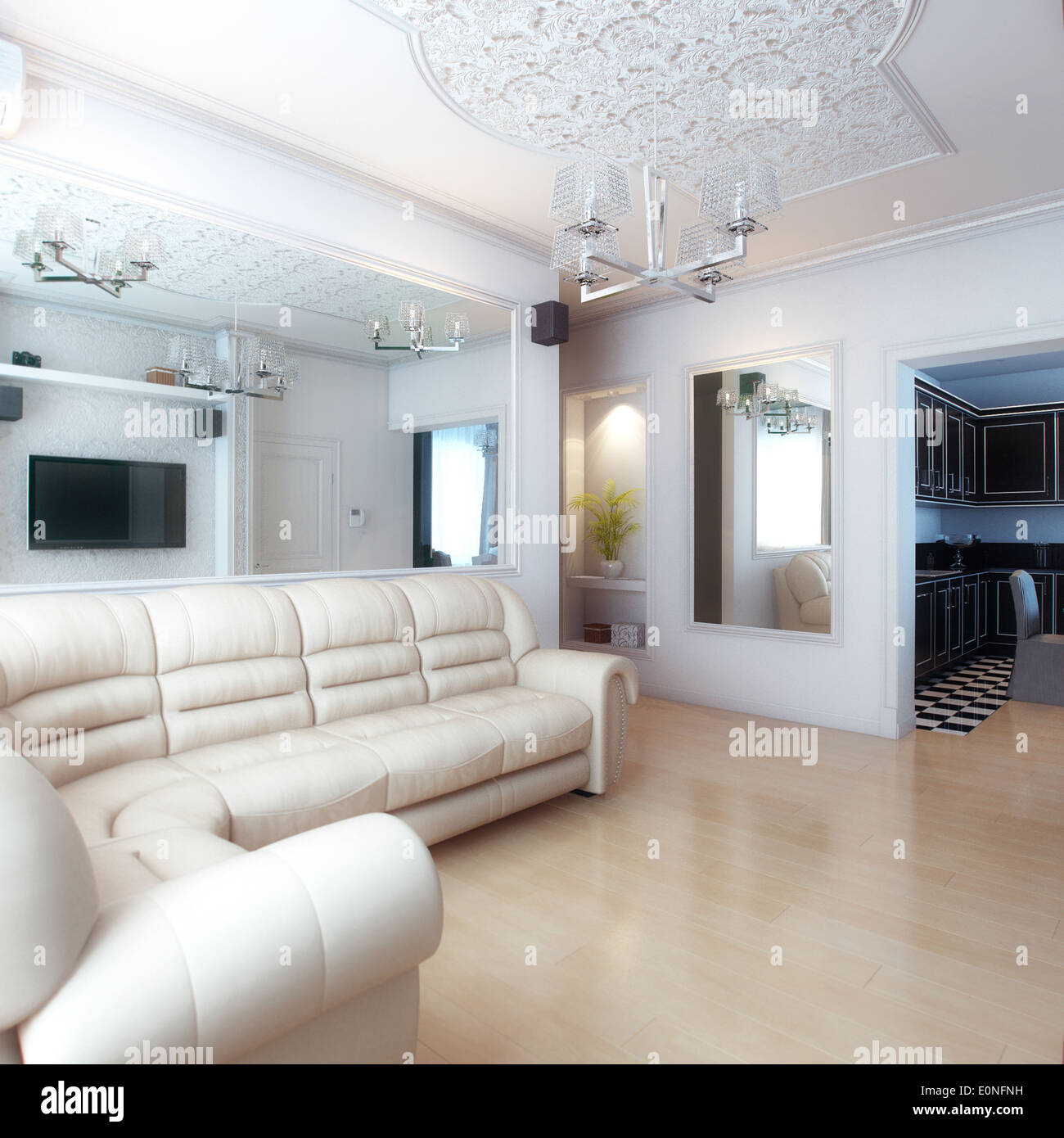 Living Room Interior Design With White Leather Sofa Stock Photo - Alamy