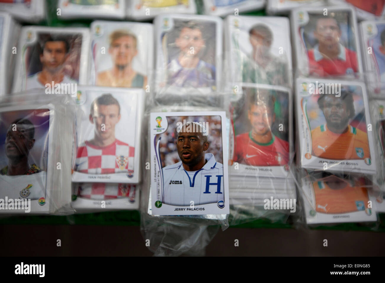 Tegucigalpa. 14th May, 2014. Image from May 14, 2014, shows stamps for a World Cup album for sale, in Tegucigalpa, Honduras. The Honduras national soccer team qualified for its third World Cup after obtaining the third position on the CONCACAF final tables. © Rafael Ochoa/Xinhua/Alamy Live News Stock Photo