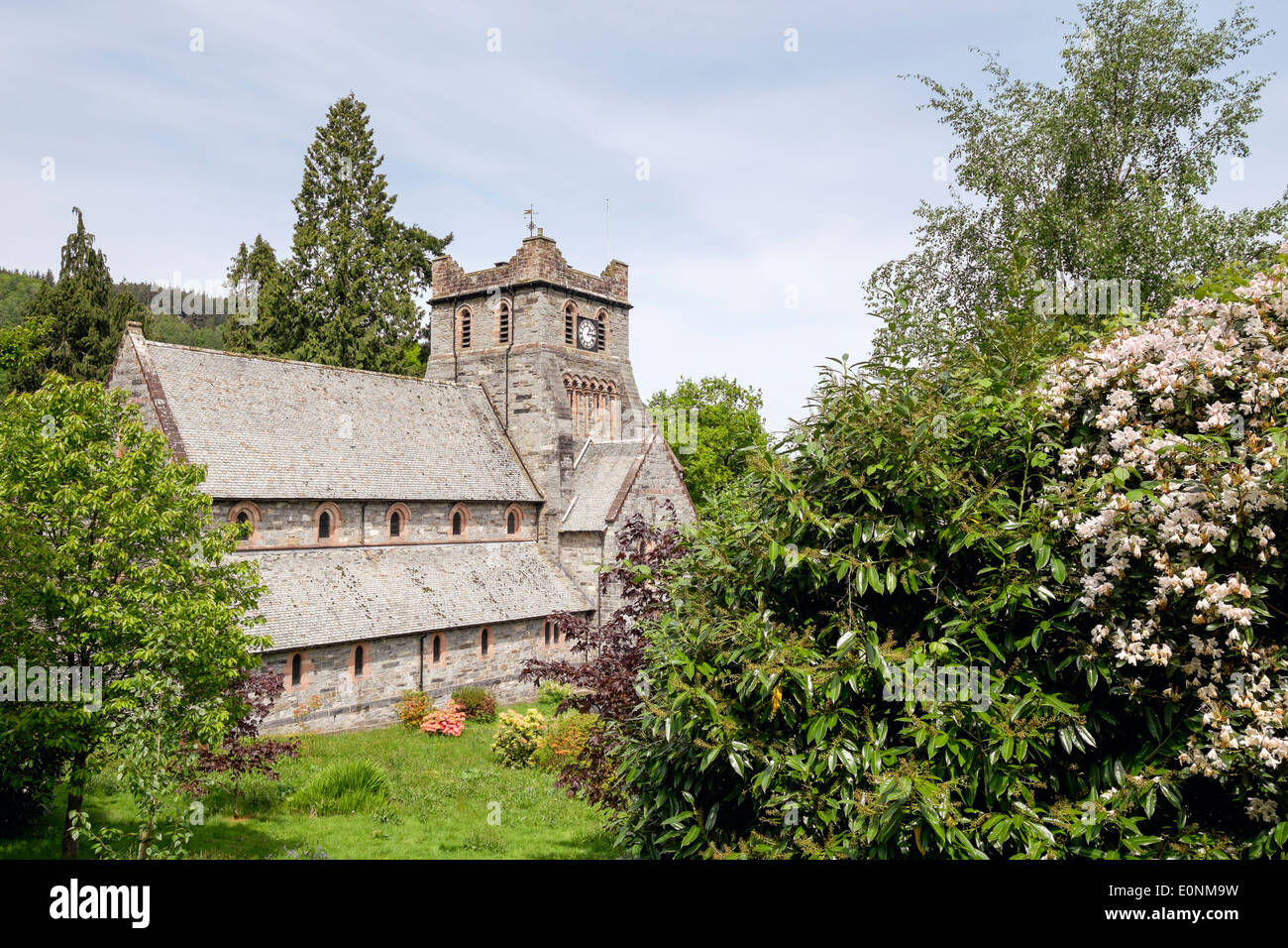 St Mary's Parish Church 1873 in Conwy Valley village in summer in Snowdonia National Park, Betws-y-Coed, North Wales, UK, Britain Stock Photo