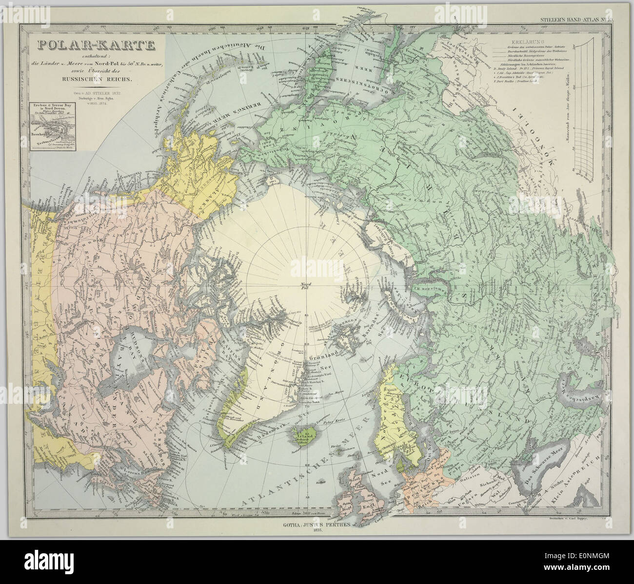Polar-Karte enthaltend: die Länder u. Meere vom Nord-Pol bis 50 N. Br. u. weiter, sowie Übersicht des Russischen Reichs Stock Photo