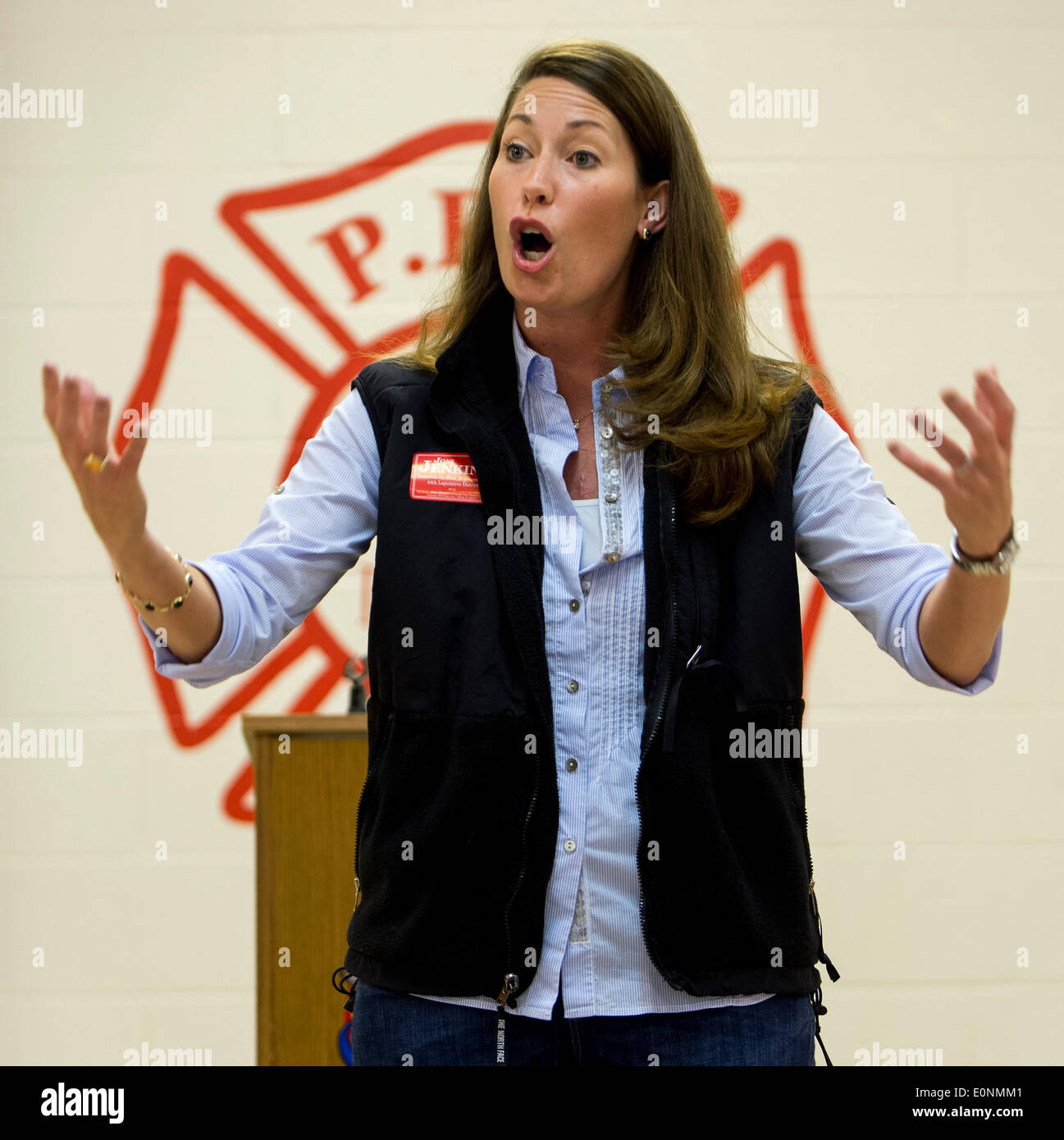 Louisville, Kentucky, USA. 17th May, 2014. ALISON LUNDERGAN GRIMES, Kentucky's Secretary of State, speaks at the 14th Annual Joni Jenkins Breakfast of Champions at the PRP Fire Training Center during her 50-county Alison for Kentucky Jobs Bus Tour. Mrs. Grimes is expected to win the Democratic Senate primary next Tuesday. © Brian Cahn/ZUMAPRESS.com/Alamy Live News Stock Photo