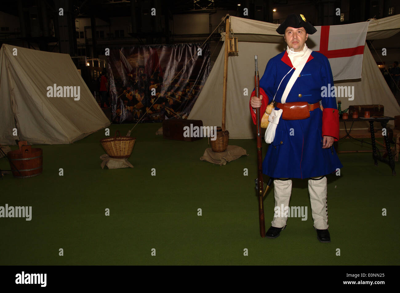 Barcelona, Spain. 17th May 2014. War is the main subject of the 32th International Comic Saloon exhibition. In the picture, a 'miquelet', soldier of the 18th century in Catalonia who fought in the War of Succession. Credit:  Fco Javier Rivas Martín/Alamy Live News Stock Photo