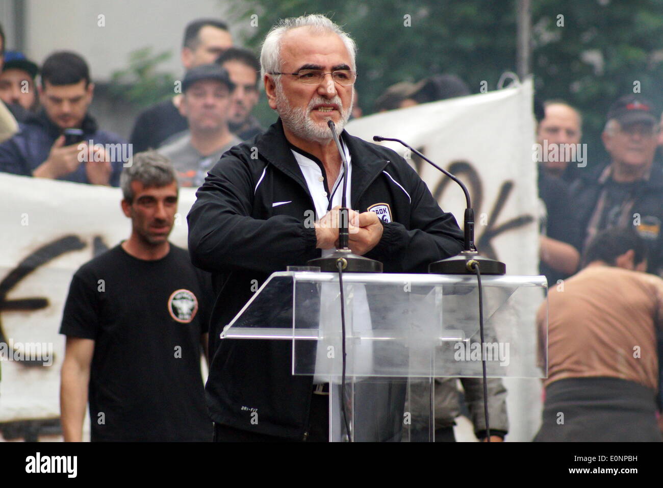 Thessaloniki, Greece, 17th May, 2014 . PAOK FC major shareholder Ivan Savvidis addressing supporters during a protest rally. A  PAOK football club held a protest rally in central Thessaloniki, demanding from depth settlement for the club, permit to be granted for a planned sports centre, and cancellation of a recent point deduction in the Greek football league. Credit:  Orhan Tsolak /Alamy Live News Stock Photo