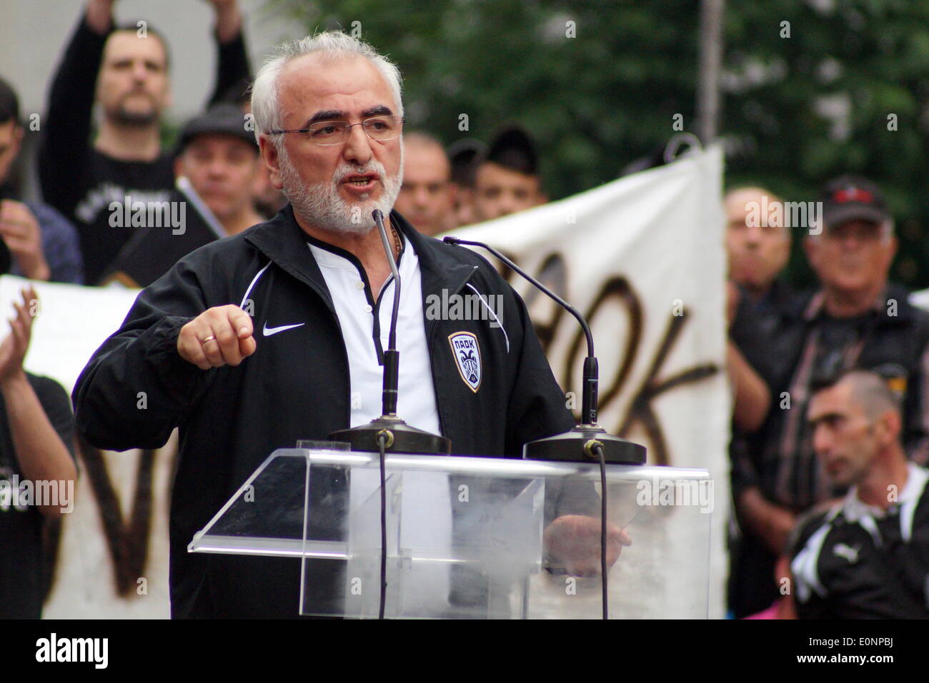 Thessaloniki, Greece, 17th May, 2014 . PAOK FC major shareholder Ivan Savvidis addressing supporters during a protest rally. PAOK football club held a protest rally in central Thessaloniki, demanding from depth settlement for the club, permit to be granted for a planned sports centre, and cancellation of a recent point deduction in the Greek football league. Credit:  Orhan Tsolak /Alamy Live News Stock Photo