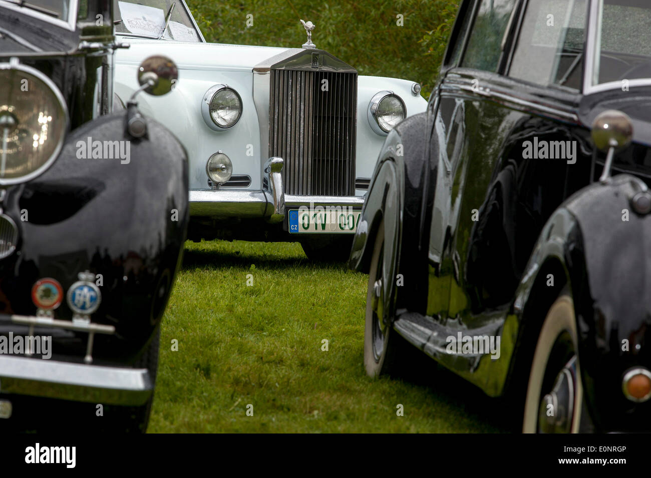 White Rolls-Royce between two black. Meeting of Rolls-Royce cars in Dubec near Prague. Czech Republic Stock Photo