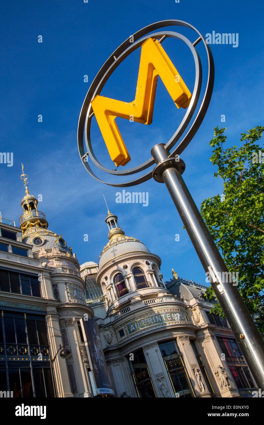 Havre-Caumartin Metro Stop below Printemps Department Store along Boulevard Haussman, Paris France Stock Photo