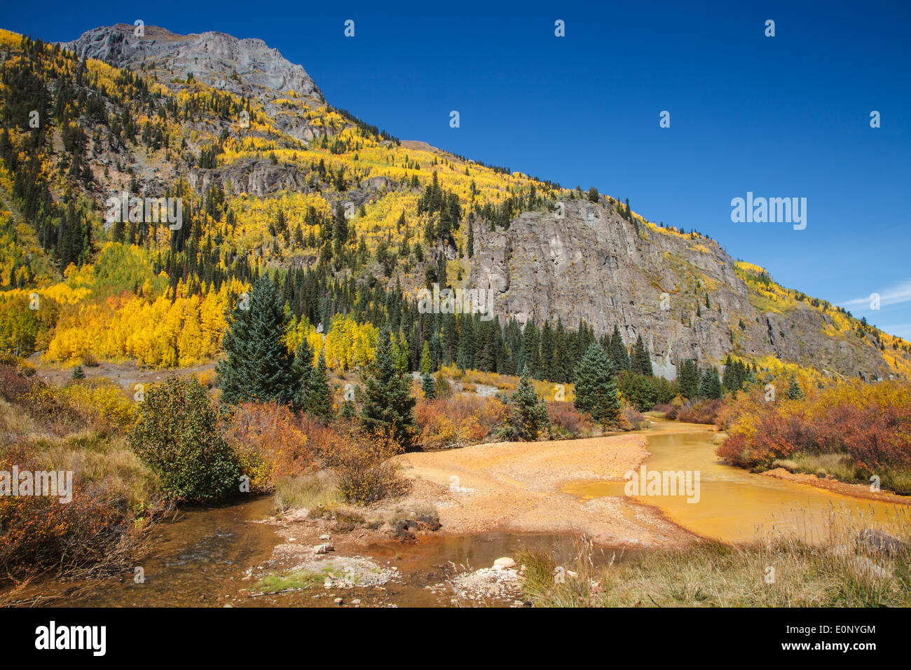 Autumn color at Red Mountain Creek on the Million Dollar Highway (US 550) in Colorado. Stock Photo