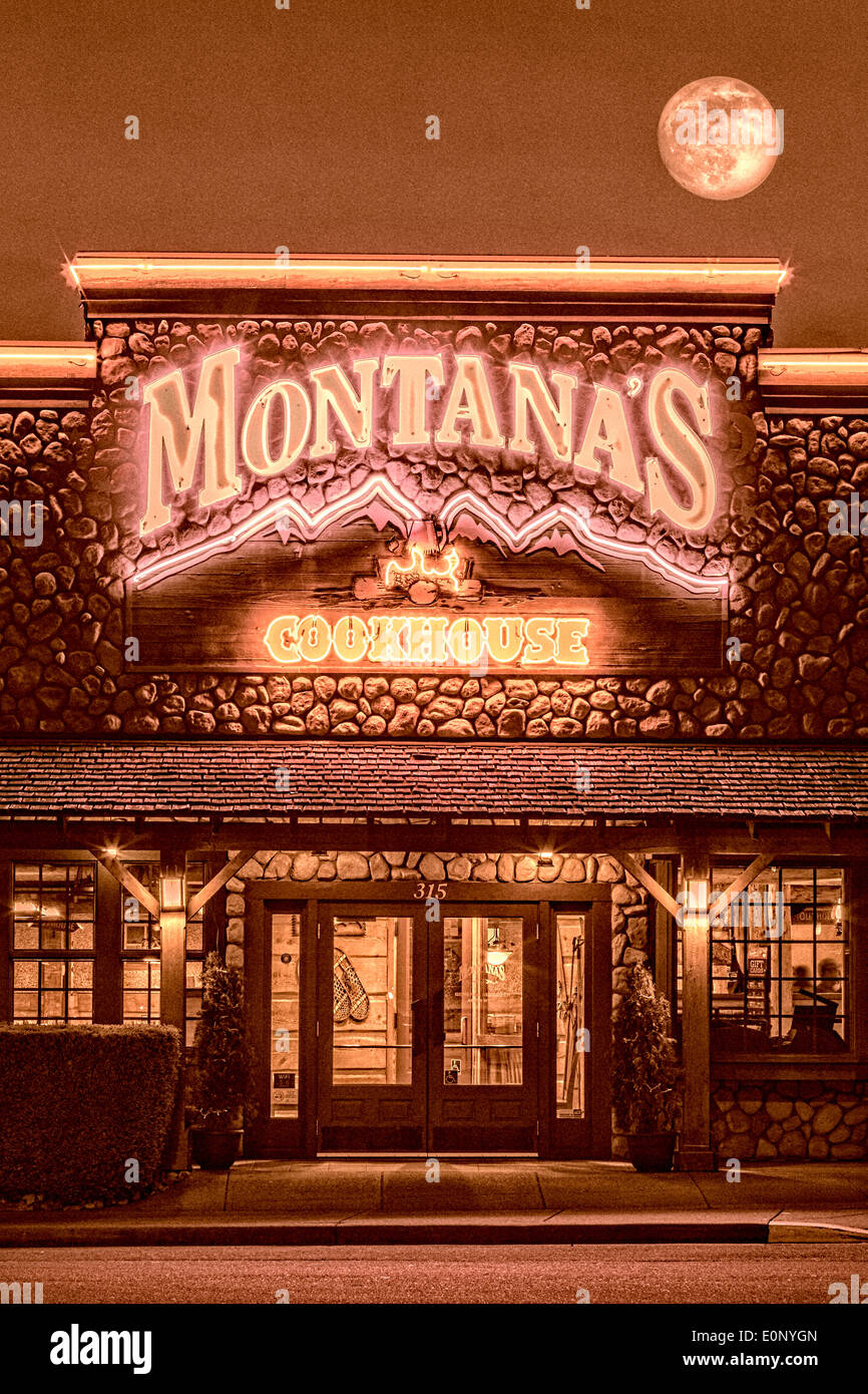 Montanas Cookhouse restaurant at twilight-Victoria, British Columbia, Canada. Stock Photo