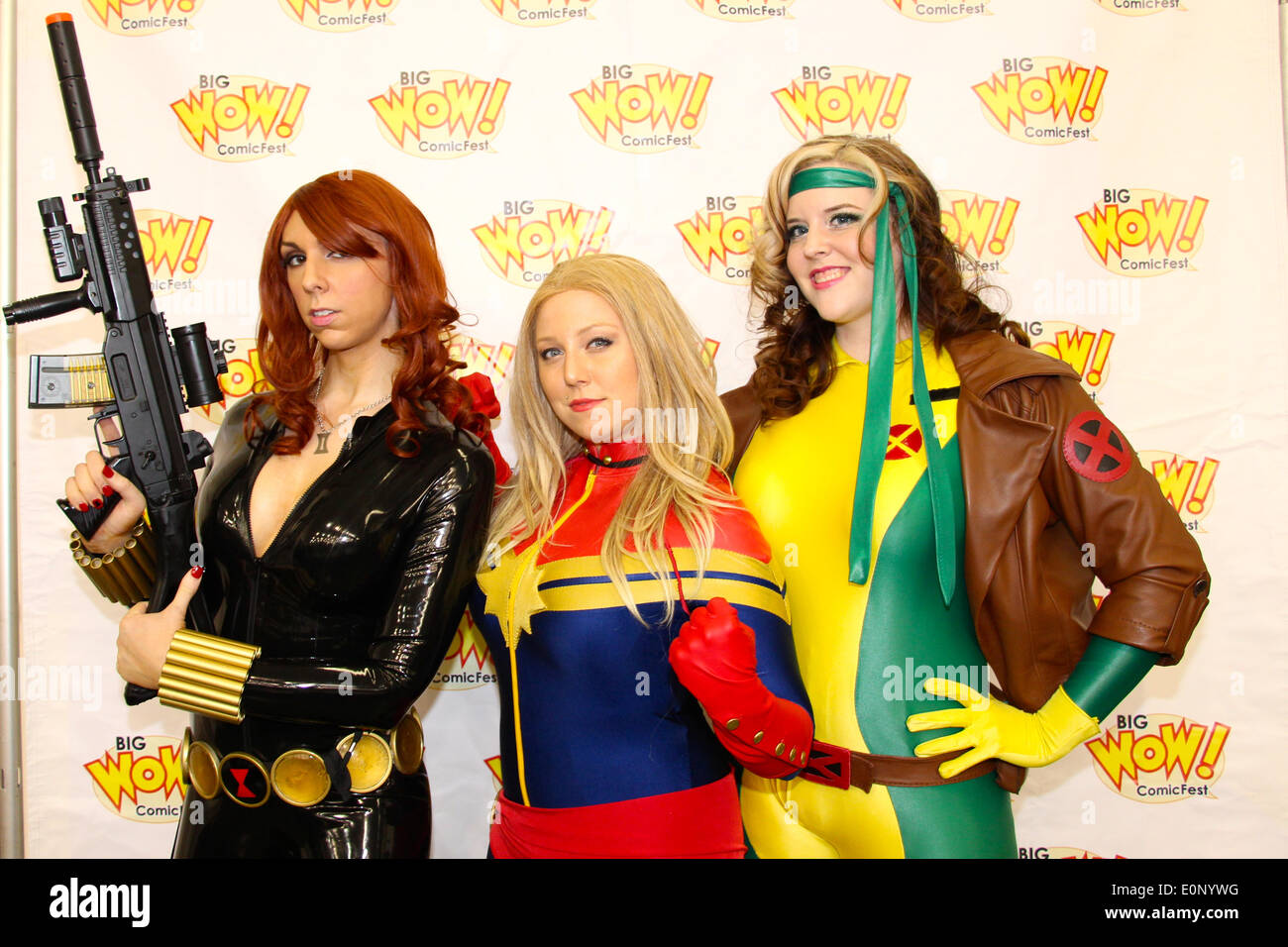 San Jose, California USA -17 May, 2014 The Big Wow ComicFest at the San Jose Convention Center. [L to R] Jerica Truax as Black Widow, Kristen Jensen as Captain Marvel, and Abi Selvidge as Rogue drove from Seattle to attend the comic book convention. They started a non-profit and visit Pediatric wards in costumes to cheer up sick children. (Comic Book Characters For Causes at cbc4c.org) Stock Photo