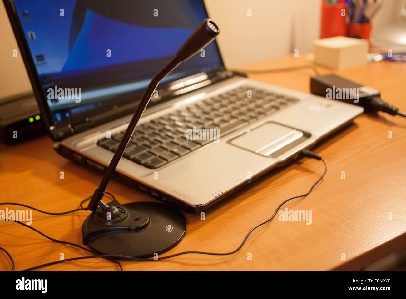 Laptop setup with microphone Stock Photo