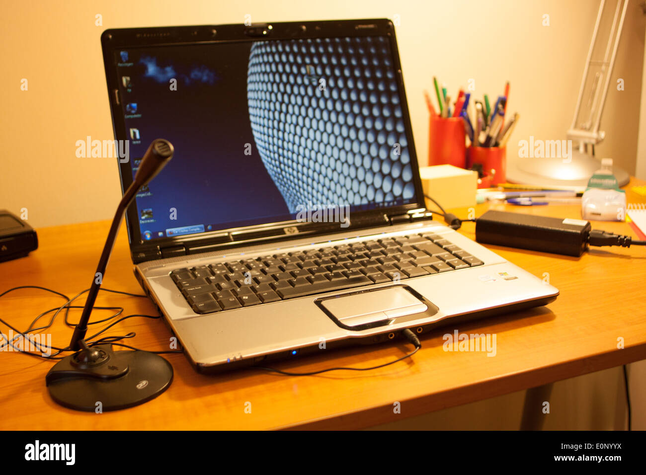 Laptop setup with microphone Stock Photo