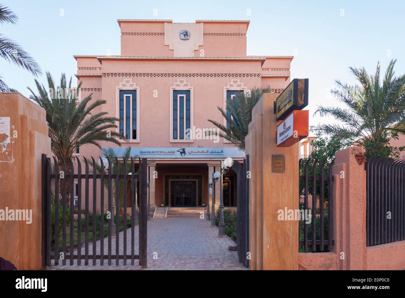 Entrance and front exterior of an agency of the Banque Populaire in Ouarzazate, Morocco. The BCP is a major Moroccan bank. Stock Photo