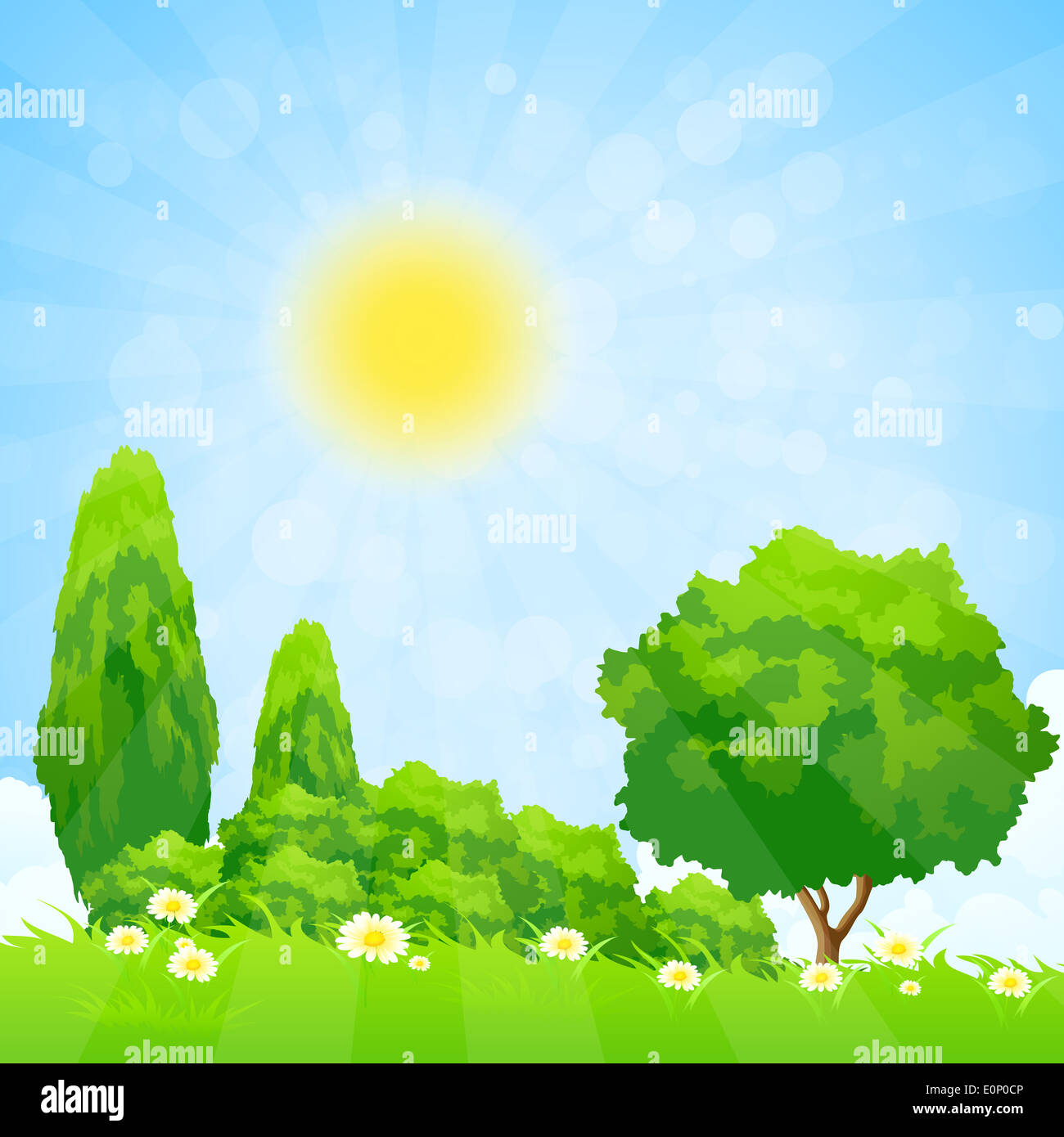 Green Landscape with Flowers Trees and Clouds Stock Photo - Alamy