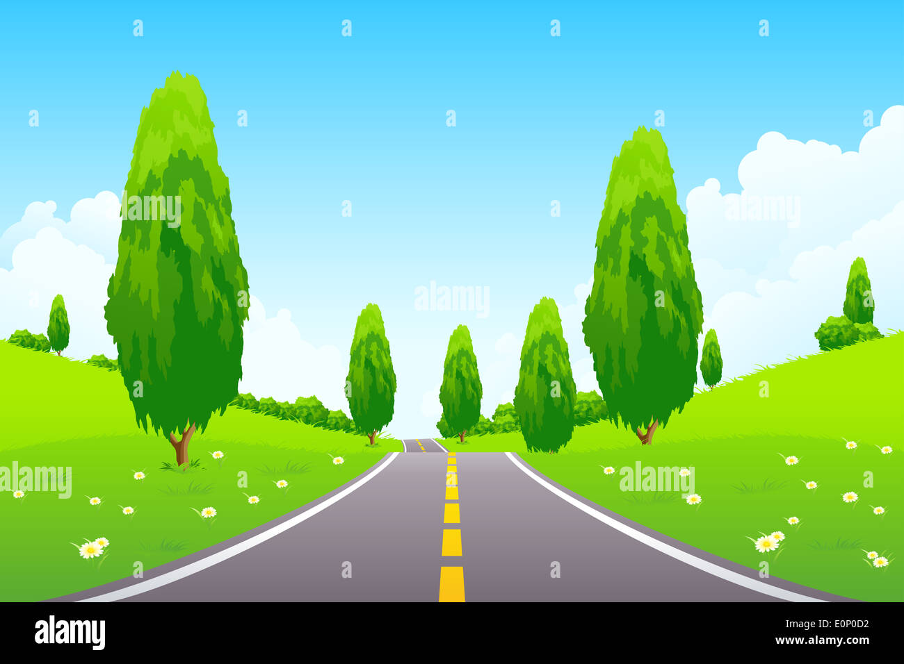 Green Landscape with Flowers Trees Clouds and road Stock Photo - Alamy